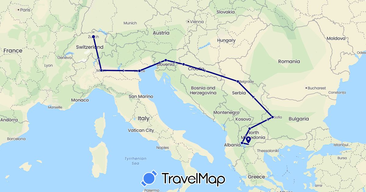 TravelMap itinerary: driving in Bulgaria, Switzerland, Croatia, Italy, Macedonia, Serbia, Slovenia (Europe)