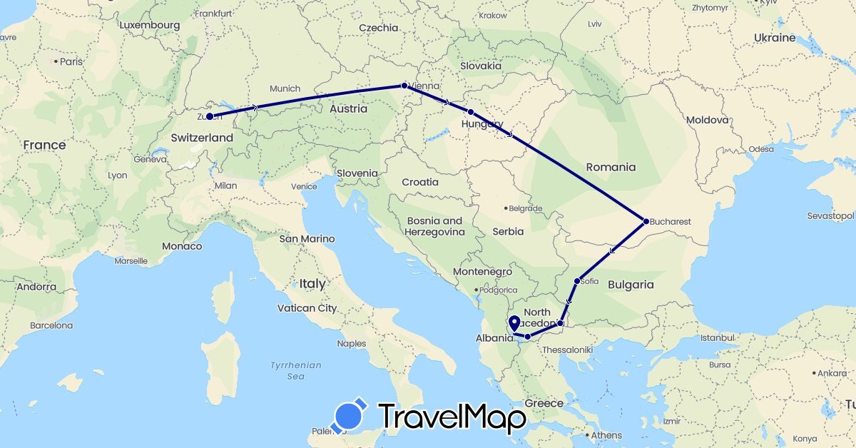 TravelMap itinerary: driving in Austria, Bulgaria, Switzerland, Hungary, Macedonia, Romania (Europe)